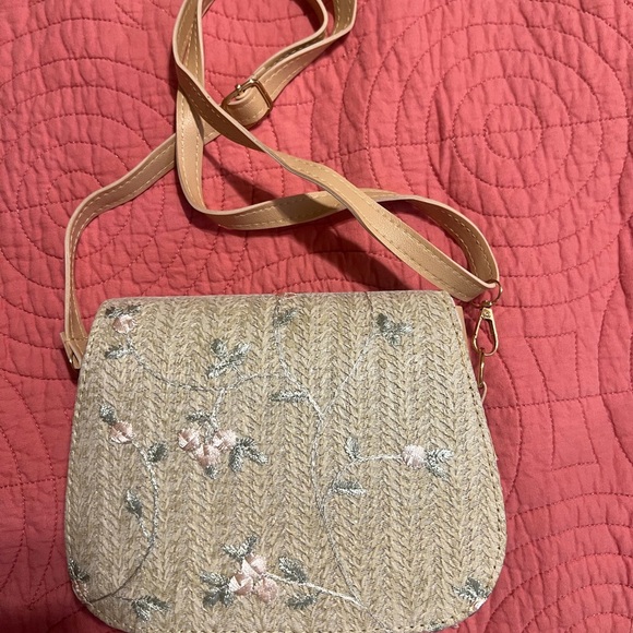 Embroidered Beige Crossbody Bag with Gold Accent - Picture 2 of 3
